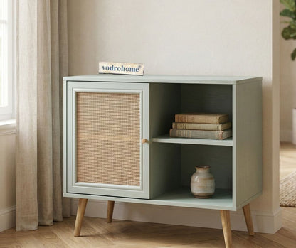 Vodrohome Mango Wood and cane rattan detail storage cabinet with 2 shelves 1 cupboard Scandi-style legs Bohemian SB#010