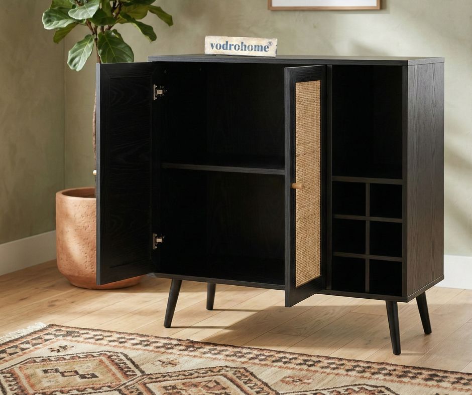 Vodrohome Mango Wood and cane rattan detail storage cabinet with 2 shelves 1 cupboard Scandi-style legs Bohemian SB#010