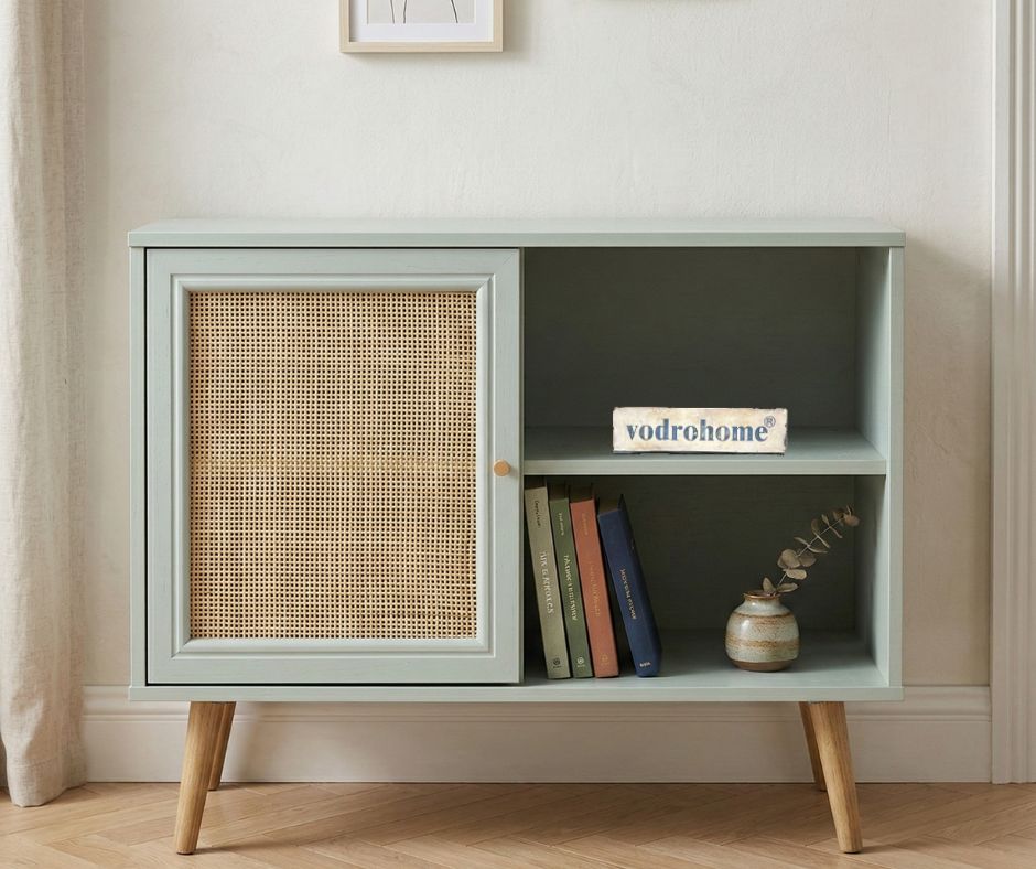 Vodrohome Mango Wood and cane rattan detail storage cabinet with 2 shelves 1 cupboard Scandi-style legs Bohemian SB#010