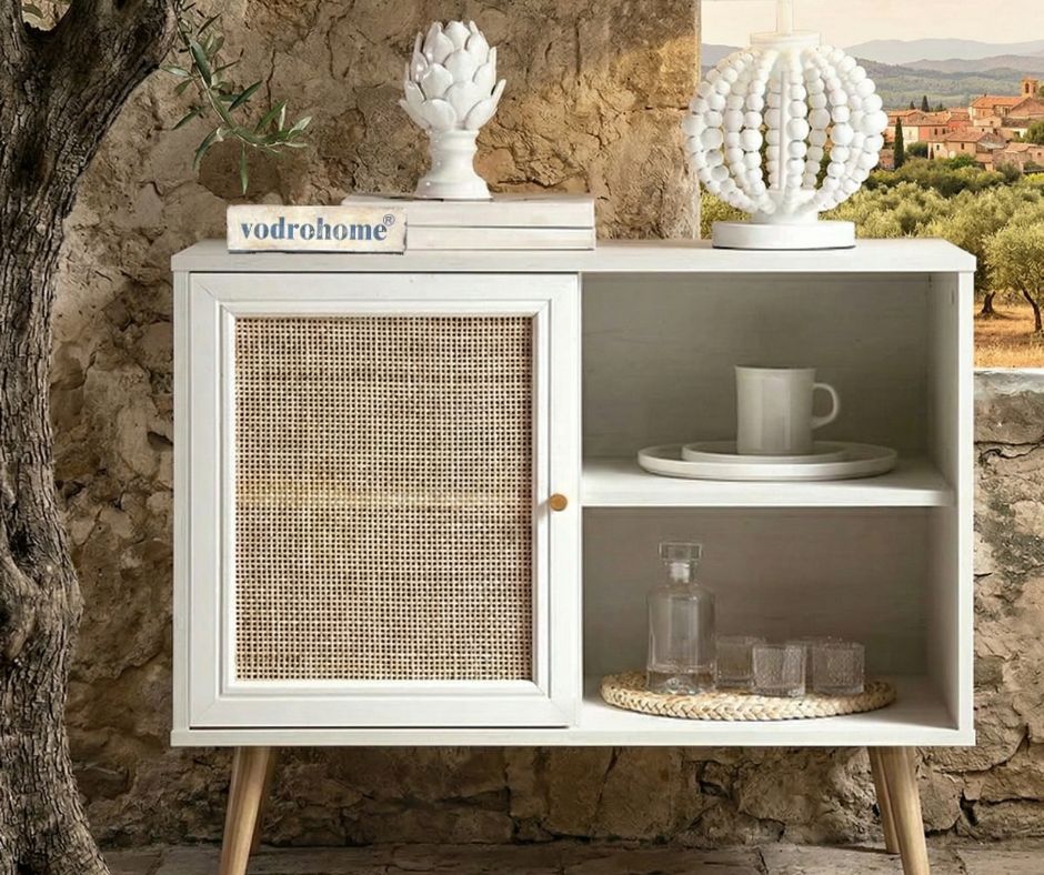 Vodrohome Mango Wood and cane rattan detail storage cabinet with 2 shelves 1 cupboard Scandi-style legs Bohemian SB#010
