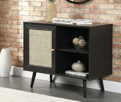 Vodrohome Mango Wood and cane rattan detail storage cabinet with 2 shelves 1 cupboard Scandi-style legs Bohemian SB#010