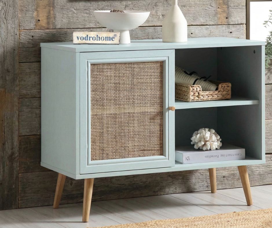 Vodrohome Mango Wood and cane rattan detail storage cabinet with 2 shelves 1 cupboard Scandi-style legs Bohemian SB#010