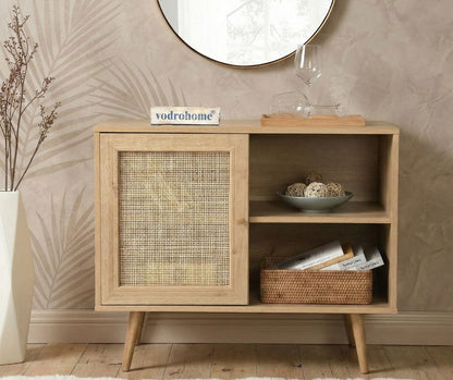 Vodrohome Mango Wood and cane rattan detail storage cabinet with 2 shelves 1 cupboard Scandi-style legs Bohemian SB#010