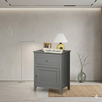 Vodrohome Acacia wood bedside table with 1 drawer and an compartment with door, solid wood night stand in gray finish 48x38x63 cm  S#013