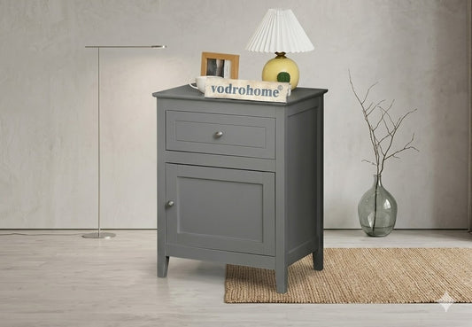 Vodrohome Acacia wood bedside table with 1 drawer and an compartment with door, solid wood night stand in gray finish 48x38x63 cm  S#013