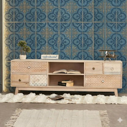 vodrohome ajenta classic tv unit cabinet – solid mango wood TV unit with six drawers and removable set up box shelf 160x35x50 cm TV#001