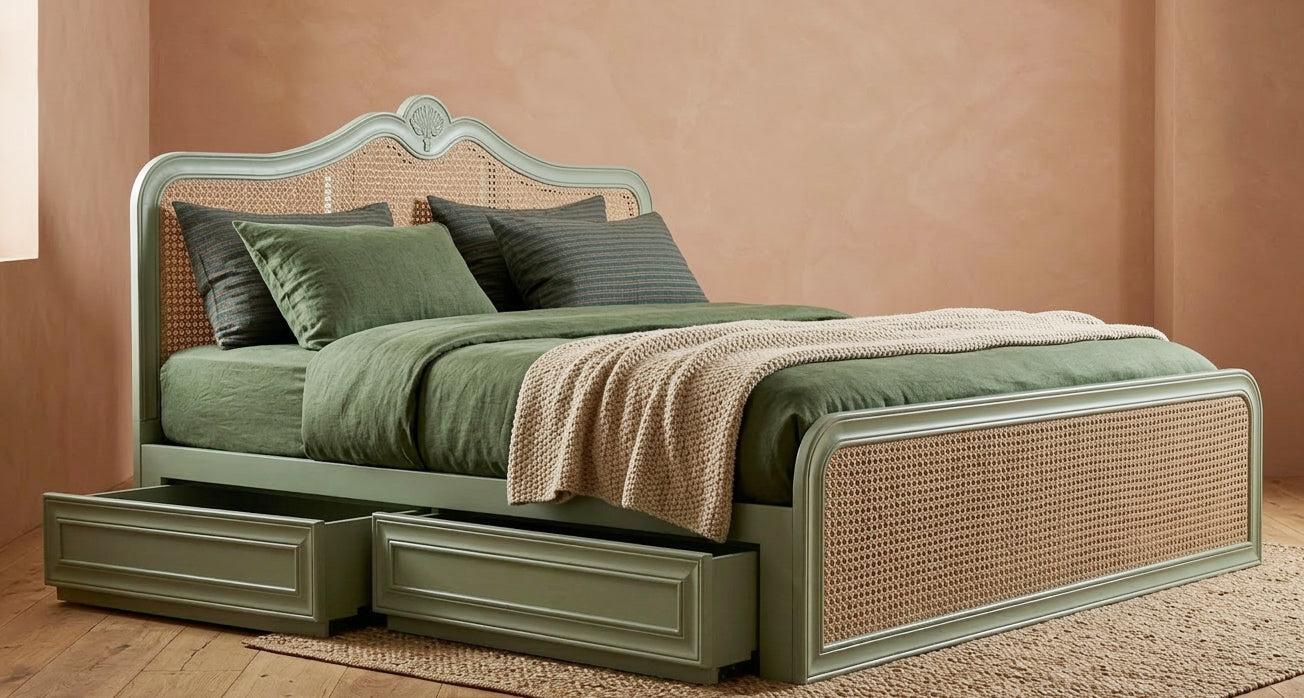 Vodrohome Rattan Bed With Drawer Storage - Mango Wood Rattan Cane Bed B#002
