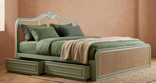Vodrohome Rattan Bed With Drawer Storage - Mango Wood Rattan Cane Bed B#002