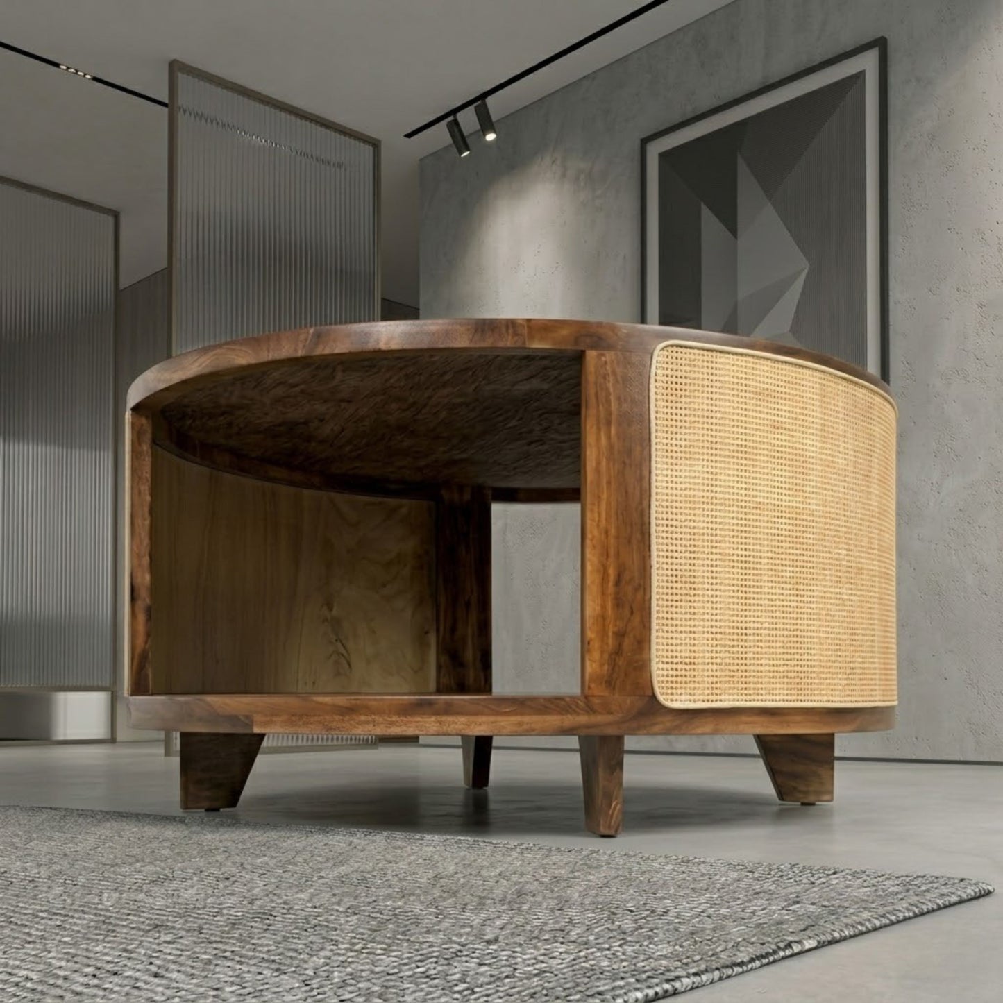 Vodrohome Cane Solid Wood Coffee Table - Rattan Round Centre Table with Storage - Pure Sheesham Wood, Teak Finish - Ideal Tea Table for Living Rooms C#028