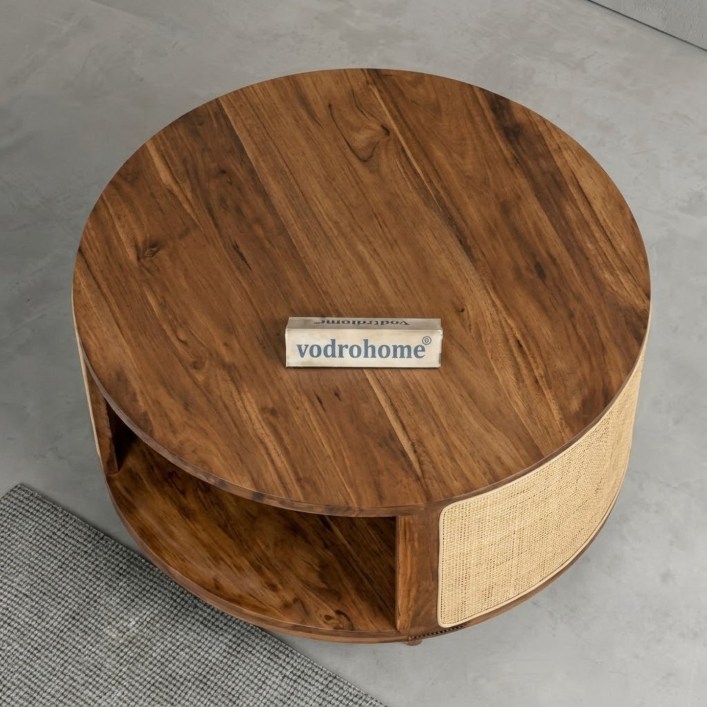 Vodrohome Cane Solid Wood Coffee Table - Rattan Round Centre Table with Storage - Pure Sheesham Wood, Teak Finish - Ideal Tea Table for Living Rooms C#028