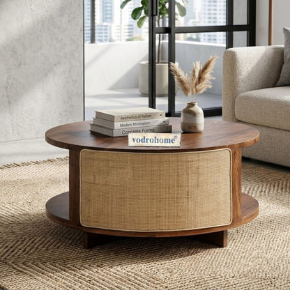 Vodrohome Cane Solid Wood Coffee Table - Rattan Round Centre Table with Storage - Pure Sheesham Wood, Teak Finish - Ideal Tea Table for Living Rooms C#028