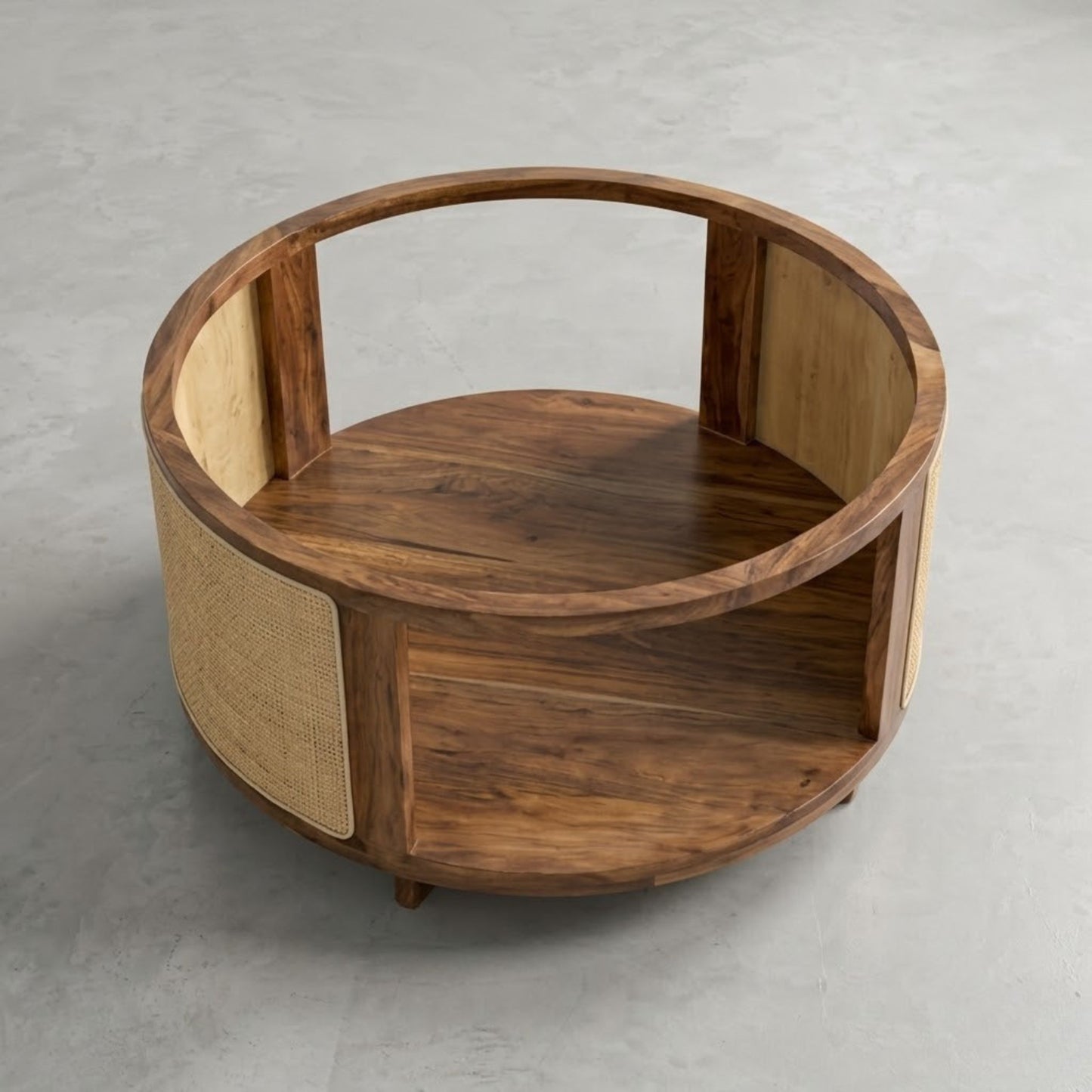 Vodrohome Cane Solid Wood Coffee Table - Rattan Round Centre Table with Storage - Pure Sheesham Wood, Teak Finish - Ideal Tea Table for Living Rooms C#028