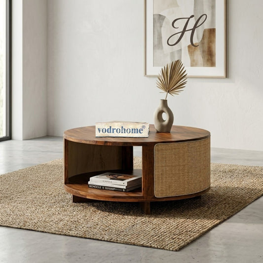 Vodrohome Cane Solid Wood Coffee Table - Rattan Round Centre Table with Storage - Pure Sheesham Wood, Teak Finish - Ideal Tea Table for Living Rooms C#028