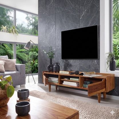 vodrohome Honey tv unit cabinet with cupboard – solid sheesham wood tvc – tv consol table with set up box shelf  TV#015
