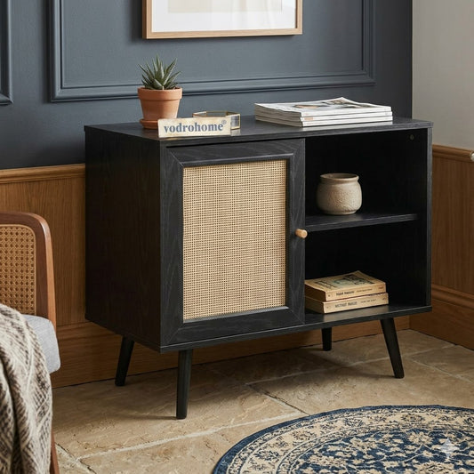 Vodrohome Mango Wood and cane rattan detail storage cabinet with 2 shelves 1 cupboard Scandi-style legs Bohemian SB#010