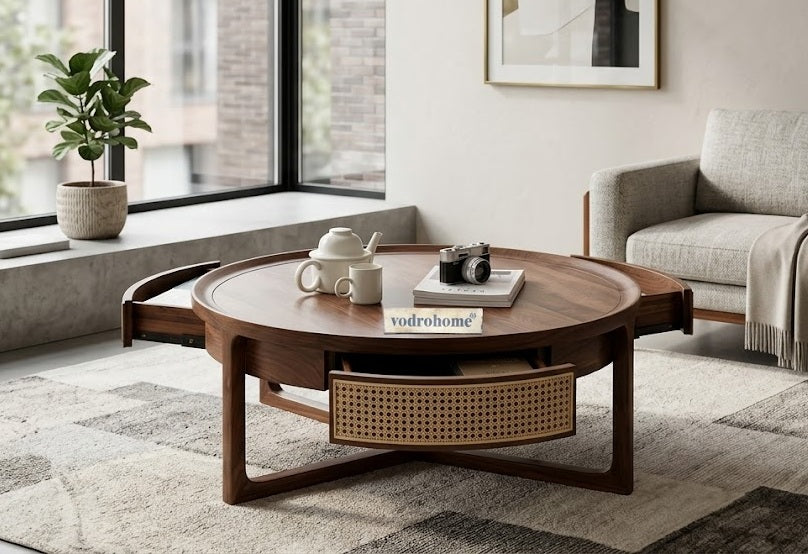 vodrohome Rattan Coffee Table With Drawer – cane center table with for storage – bohemian solid mango wood coffee table for office and living room C#083