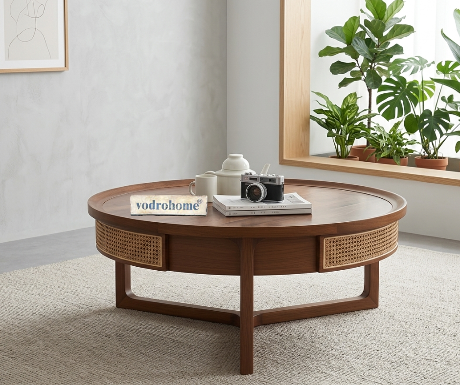 vodrohome Rattan Coffee Table With Drawer – cane center table with for storage – bohemian solid mango wood coffee table for office and living room C#083
