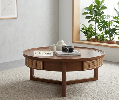 vodrohome Rattan Coffee Table With Drawer – cane center table with for storage – bohemian solid mango wood coffee table for office and living room C#083