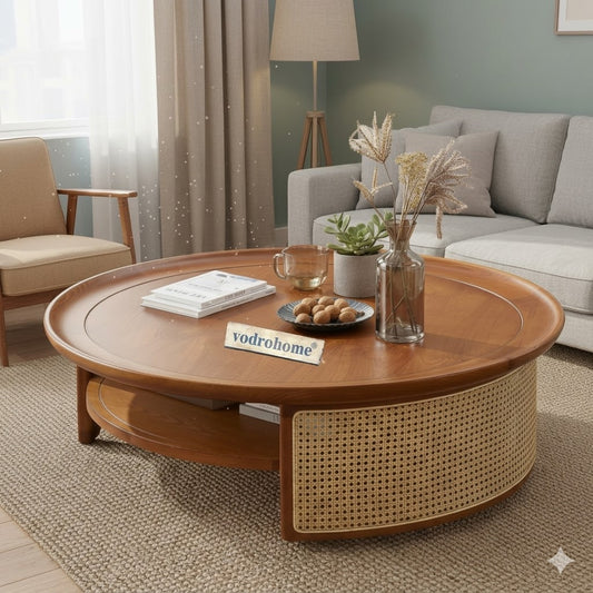 Vodrohome Rattan Coffee Table – cane center table with shelf for storage – bohemian solid mango wood coffee table for office and living room C#027