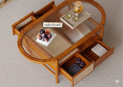 vodrohome Rattan Coffee Table – cane center table with storage drawer and fluted glass – bohemian solid Acacia wood coffee table for office and living room C#086
