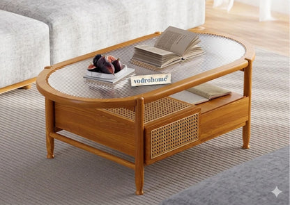 vodrohome Rattan Coffee Table – cane center table with storage drawer and fluted glass – bohemian solid Acacia wood coffee table for office and living room C#086