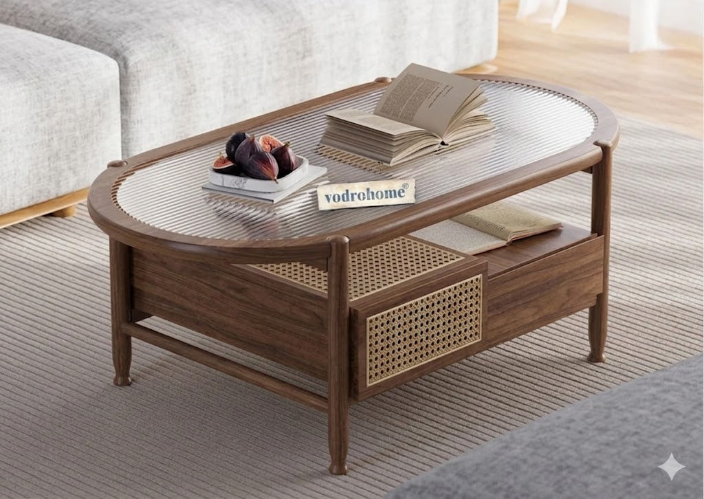 vodrohome Rattan Coffee Table – cane center table with storage drawer and fluted glass – bohemian solid Acacia wood coffee table for office and living room C#086