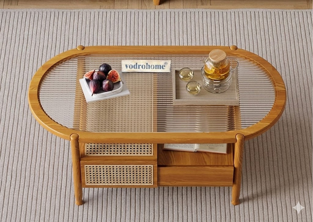 vodrohome Rattan Coffee Table – cane center table with storage drawer and fluted glass – bohemian solid Acacia wood coffee table for office and living room C#086