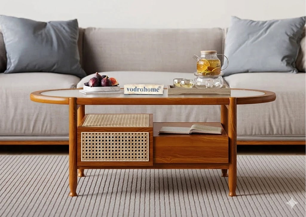vodrohome Rattan Coffee Table – cane center table with storage drawer and fluted glass – bohemian solid Acacia wood coffee table for office and living room C#086