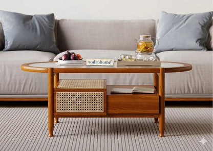 vodrohome Rattan Coffee Table – cane center table with storage drawer and fluted glass – bohemian solid Acacia wood coffee table for office and living room C#086