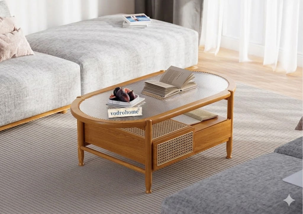 vodrohome Rattan Coffee Table – cane center table with storage drawer and fluted glass – bohemian solid Acacia wood coffee table for office and living room C#086