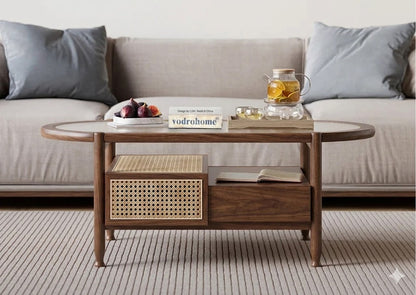 vodrohome Rattan Coffee Table – cane center table with storage drawer and fluted glass – bohemian solid Acacia wood coffee table for office and living room C#086