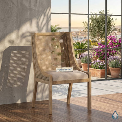 vodrohome Rustic Fabric Upholstered mango Wood and Cane Dining Chairs, Beige and Natural 58x61x96cm CH#0015