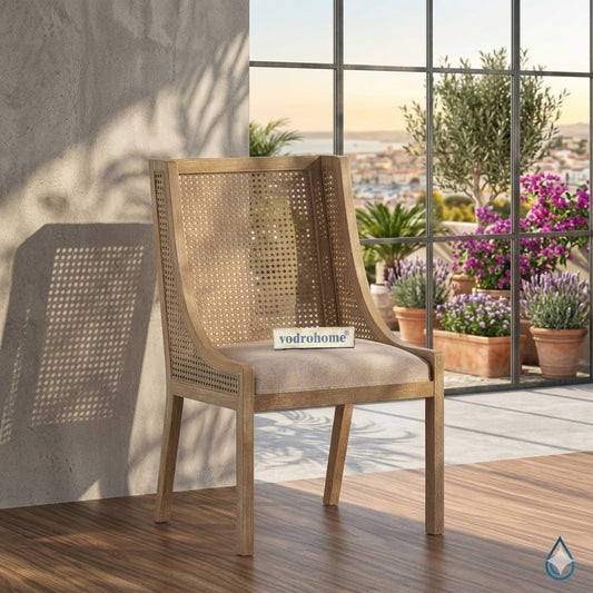 vodrohome Rustic Fabric Upholstered mango Wood and Cane Dining Chairs, Beige and Natural 58x61x96cm CH#0015