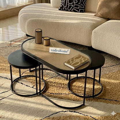 Vodrohome charcoal rattan cane center table with glass top–end table - set of three coffeetable – wood and cane nesting table S#078