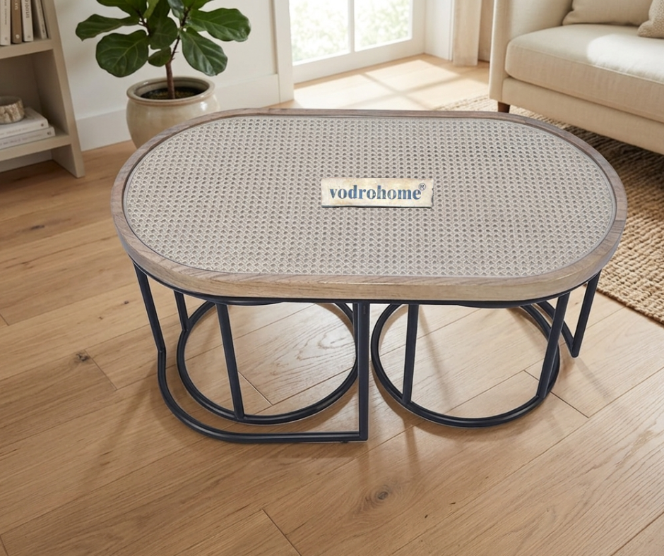 Vodrohome charcoal rattan cane center table with glass top–end table - set of three coffeetable – wood and cane nesting table S#078