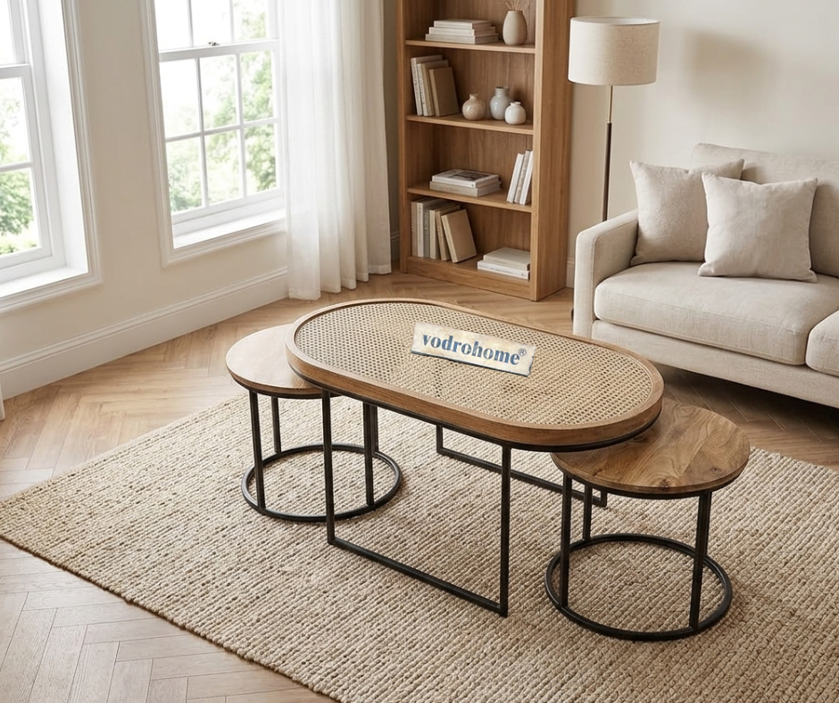 Vodrohome charcoal rattan cane center table with glass top–end table - set of three coffeetable – wood and cane nesting table S#078