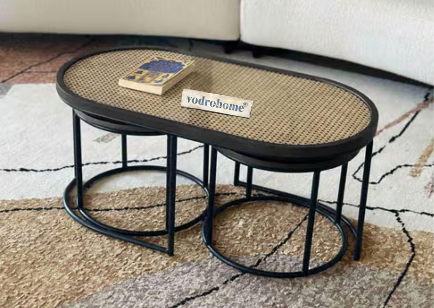 Vodrohome charcoal rattan cane center table with glass top–end table - set of three coffeetable – wood and cane nesting table S#078