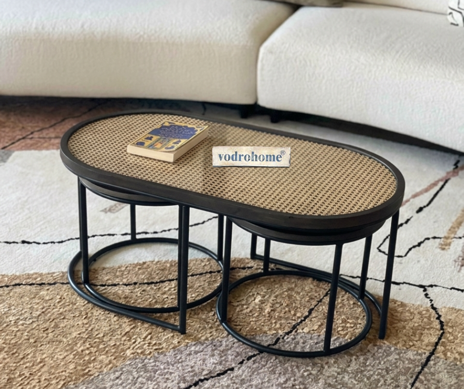 Vodrohome charcoal rattan cane center table with glass top–end table - set of three coffeetable – wood and cane nesting table S#078
