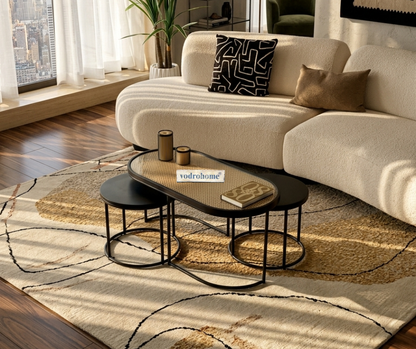 Vodrohome charcoal rattan cane center table with glass top–end table - set of three coffeetable – wood and cane nesting table S#078