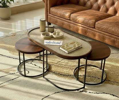 Vodrohome charcoal rattan cane center table with glass top–end table - set of three coffeetable – wood and cane nesting table S#078