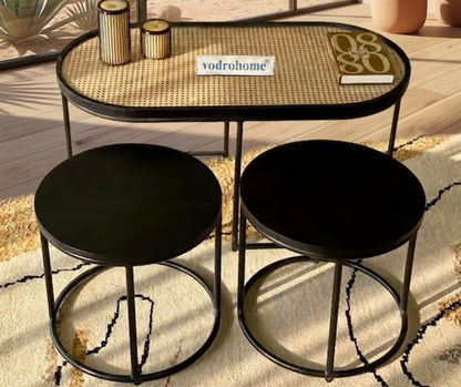 Vodrohome charcoal rattan cane center table with glass top–end table - set of three coffeetable – wood and cane nesting table S#078
