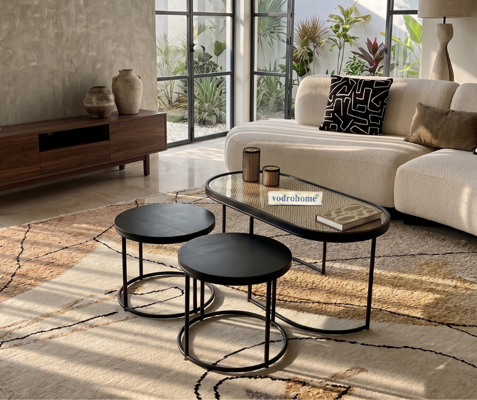 Vodrohome charcoal rattan cane center table with glass top–end table - set of three coffeetable – wood and cane nesting table S#078