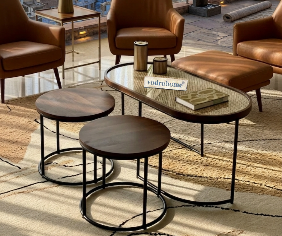 Vodrohome charcoal rattan cane center table with glass top–end table - set of three coffeetable – wood and cane nesting table S#078