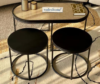 Vodrohome charcoal rattan cane center table with glass top–end table - set of three coffeetable – wood and cane nesting table S#078