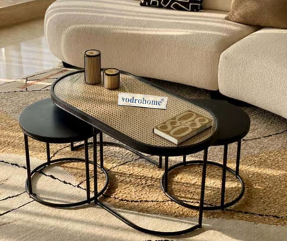 Vodrohome charcoal rattan cane center table with glass top–end table - set of three coffeetable – wood and cane nesting table S#078