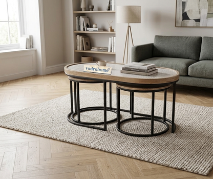 Vodrohome charcoal rattan cane center table with glass top–end table - set of three coffeetable – wood and cane nesting table S#078