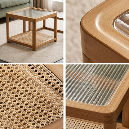 vodrohome honey center table with fluted glass top – solid wood nesting table - set of two coffee table – wood and cane nesting table S#079