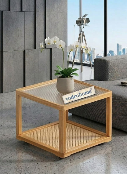 vodrohome honey center table with fluted glass top – solid wood nesting table - set of two coffee table – wood and cane nesting table S#079