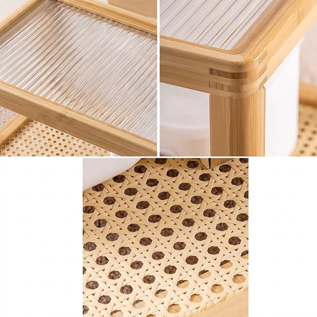 vodrohome honey center table with fluted glass top – solid wood nesting table - set of two coffee table – wood and cane nesting table S#079