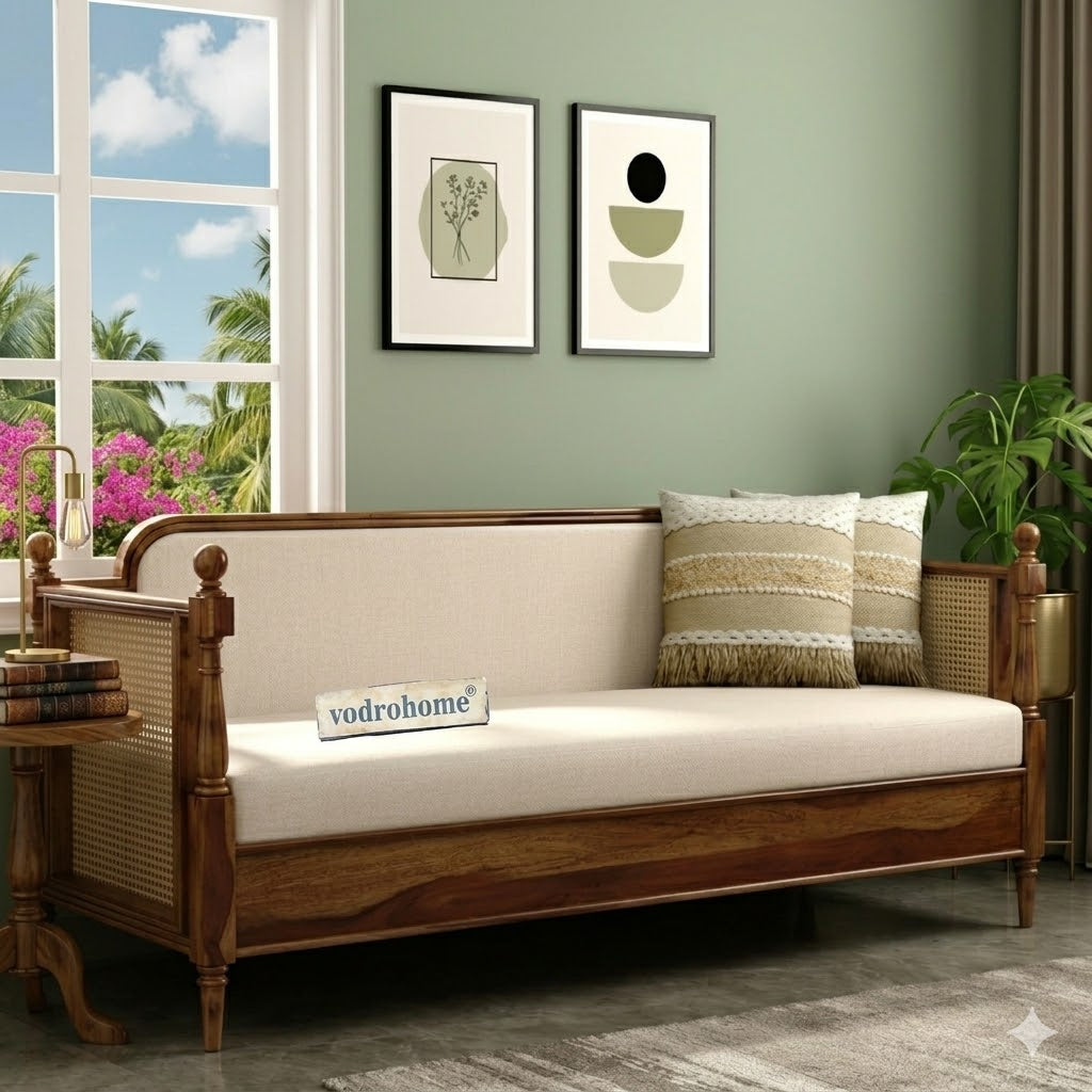 Vodrohome solid sheesham wood rattan  Cane Divan Bed with Mattress – ethnic styke hand carved Indian day bed B#019